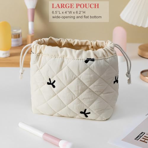 HAPPYHEIDI Quilted Nylon Drawstring Makeup Bag Set 2 Compartment Cosmetic Toiletry Travel Pouch, Purse Organizer, Creamy White Embroidery Bow - color: KJM-Quilted Cotton Pouch with Compartment Set of 2- Embroidery Bow