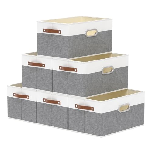 Yawinhe Foldable Storage Baskets for Shelves, Fabric Closet Organizers, Bins with 3 Handles, Cubes for Clothes, White/Grey, 15''Lx9.8''Wx8.3''H, 6-Pack - color: White/Grey, size: 15.0x9.8x8.3inch(6-Pack)