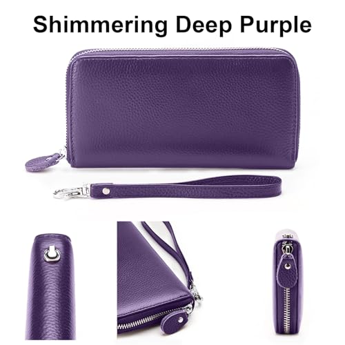 Moflycom Womens Wallet RFID Blocking Genuine Leather Zip Around Wallet Clutch Wristlet Travel Long Purse for Women - color: Deep Purple