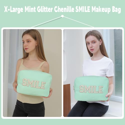 Beach Vacation Essentials Large Makeup Bag Chenille Glitter Cosmetic Pouch Travel Toiletry Kit Bag for Women (XL,Mint-Smile) - color: Mint-Smile, size: XL