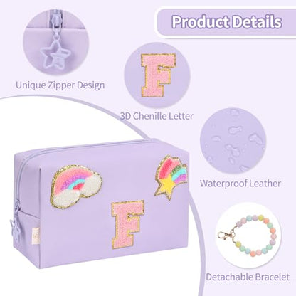 Initial Makeup Bag for Girls, Cute Makeup Bag Small Cosmetic Bag Travel Make Up Organizer Pouch, Birthday Gifts for Girls 4 5 6 7 8 9 10 11 12 13 14 15 Years Old, Teen Girls Gifts Trendy Stuff - color: Purple + Bracelet, style: F