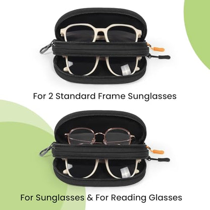 Double Eyeglasses Case Soft Portable Zipper Sunglasses Pouch with Keychain Clip for Men Women - color: Black With Side Pocket
