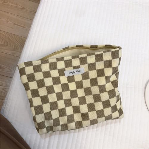 Wudygirl Checkered Makeup Bag Large Capacity Makeup Pouch Travel Cosmetic Pouch for Women Canvas Toiletry Bag Zipper Handbag Aesthetic (Khaki Checkered) - color: Khaki Checkered