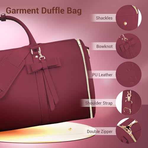 Garment Bags for Travel, Convertible Suit Travel Bag for Women, Stylish Carry On Garment Bag with Toiletry Pocket, Shoulder Strap and Shoes Compartment, 2 in 1 Foldable PU Leather Duffle Bag, Sangria - color: Sangria