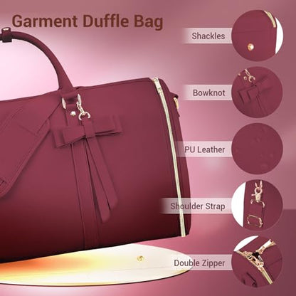 Garment Bags for Travel, Convertible Suit Travel Bag for Women, Stylish Carry On Garment Bag with Toiletry Pocket, Shoulder Strap and Shoes Compartment, 2 in 1 Foldable PU Leather Duffle Bag, Sangria - color: Sangria