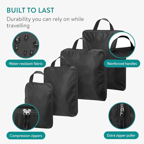 Navaris Compression Packing Cubes Set of 4 Sizes - Compressible Travel Bags for Packing - Lightweight Compression Travel Organizer - Suitcase Carry On Luggage Backpacks - Black