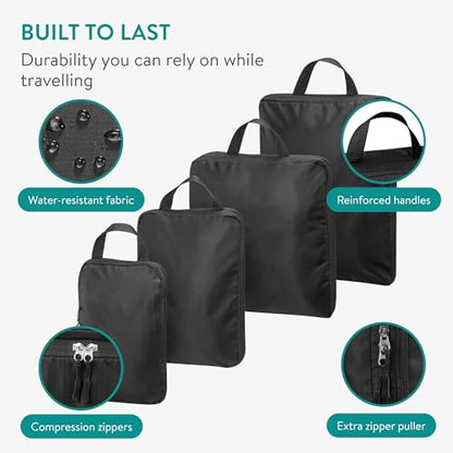 Navaris Compression Packing Cubes Set of 4 Sizes - Compressible Travel Bags for Packing - Lightweight Compression Travel Organizer - Suitcase Carry On Luggage Backpacks - Black