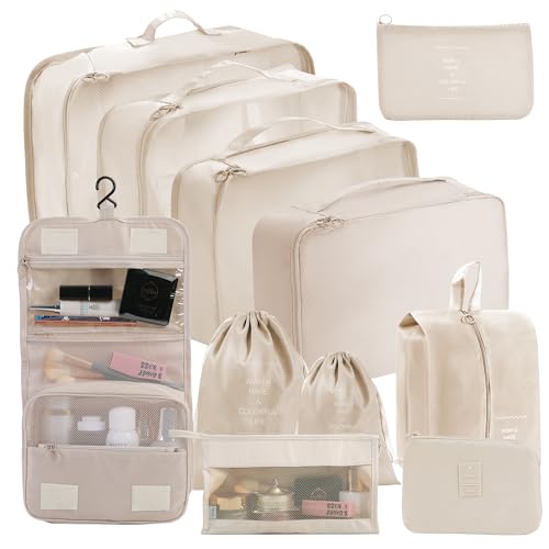 11 Set Packing Cubes for Travel Essentials, Suitcase Organizer Bags for Airplane Road Trip Camp - Beige - color: Beige, size: 11 Set