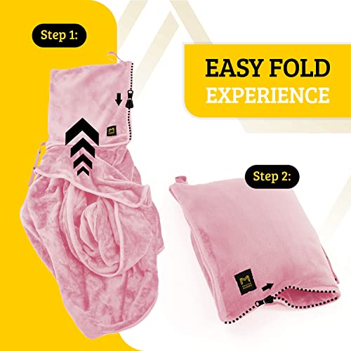 Travel Blanket Airplane Compact with Hoodie – 2in1 Airplane Travel Accessories from Plane Blanket to Travel Pillow with Luggage Strap, Soft Handle & Secure Pocket (Light Pink, 62x41'') - color: Light Pink, size: 62x41''