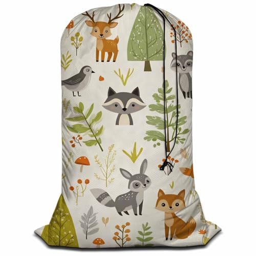 Swono Woodland Animals Laundry Bag with Strap Machine Washable Large Dirty Clothes Organizer Trees Mushrooms Berries Rabbit Owl Easy Fit Laundry Hamper or Basket, Carry Up to 4 Loads of Laundry - color: Woodland Animals