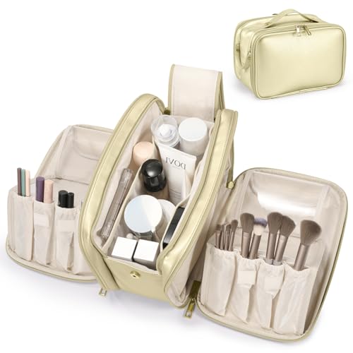 Travel Makeup Bag Women's Large Capacity Cosmetic Portable Organizer Large Opening Waterproof Storage Toiletry Bags Vertical Free-Standing Brush Holder for Easy Access Gold - color: Gold