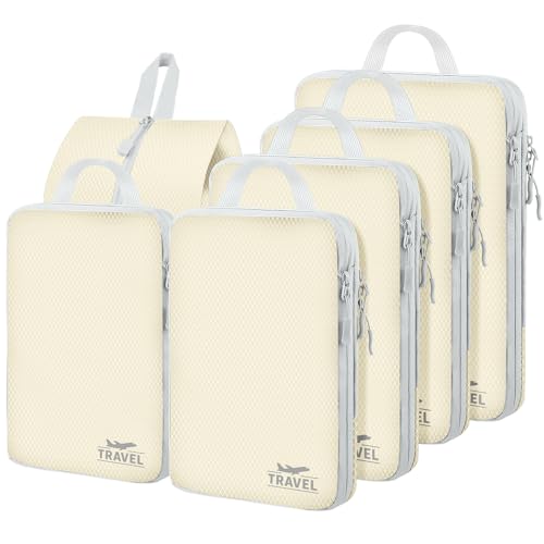 6 Set Compression Packing Cubes, Suitcase Organizer, Lightweight Travel Essentials, Compression Bags For Travel Accessories Luggage Storage Set (6Pcs, Beige) - color: Beige-6pcs, size: Set of 6
