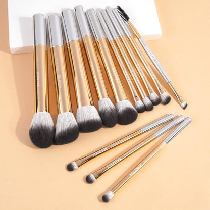MAANGE 13 PCS Makeup Brushes Travel Make Up Brushes Premium Synthetic Powder Concealers Brushes Professional Makeup Brush Set with Case (Gold Silver) - color: Gold Silver