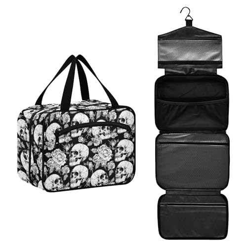 MNSRUU Hanging Toiletry Bags for Women Travel, Gothic Skulls and Flowers Toiletry Organizer Portable Travel Clear Wash Makeup Cosmetic Bag - color: Skull A10809