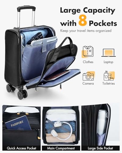 Underseat Carry On Luggage with Spinner Wheels,16 Inch Softside Suitcase with Detachable Wheels, Lightweight Travel Luggage Bag for Men Women, Black