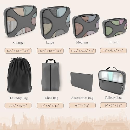 Shacke 8 Set Packing Cubes for Travel – Complete Luggage Organizer Set with Laundry, Shoe, Toiletry & Accessories Bag, Suitcase Travel Organizer (Dark Grey) - color: 8 Set - Dark Grey, size: Set of 8