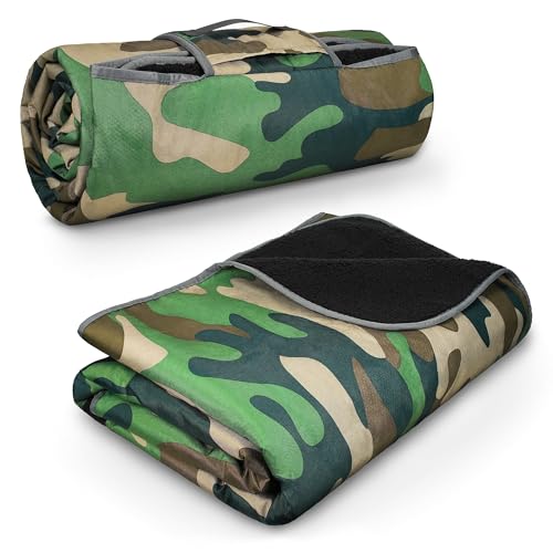 Tirrinia Waterproof Outdoor Blanket with Sherpa Lining, Windproof Triple Layers Warm Comfy Foldable for Camping Stadium, Beach, Picnic, Grass, Concerts, Car, Dog, 51''X 59'' & 59''X 80'' - color: Camo/Black, size: 51” x 59”