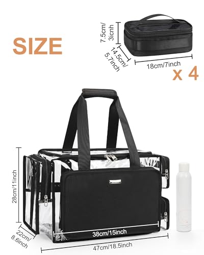 Relavel Clear Makeup Bag with 4 Small Pouches, Extra Large Makeup Artist Kit Set, Cosmetic Storage Organizer Transparent Tote Beach Toiletry Bag with Adjustable Dividers & Shoulder Strap - color: Clear with 4 Small Clear Bags