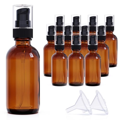 12Pack 60ml Amber Glass Pump Bottle with Black Top,2oz Small Dispenser, Travel Size Refillable Botttles for Lotions,Sercums,Essential Oils - color: 2oz Amber(12pcs)