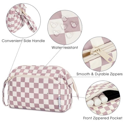 Narwey Checkered Makeup Bag Women Wide-open Make up Bag Travel Cosmetic Bag Organizer Toiletry Bag for Cosmetics Toiletries Accessories (Dusty Rose Checkerboard) - color: Z-Dusty Rose Checkerboard