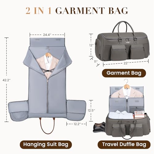 Suit Bag Travel,Vessgra 2 in 1 Leather Duffle Bags for Men 56L Duffel Bags for Traveling PU Leather Garment Bag with Shoe Compartment,Travel Carry on Bag Weekender Bussiness Wedding,Grey - color: Grey