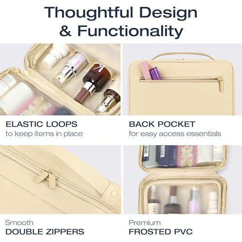 KAZAY Hanging Toiletry Bag with TSA Approved Detachable Pouch, Compact Travel Size, Travel Toiletry Bag, Water Resistant, Premium Nylon, Travel Size Toiletries, Cosmetic Makeup Bag, Unisex (Beige) - color: Beige