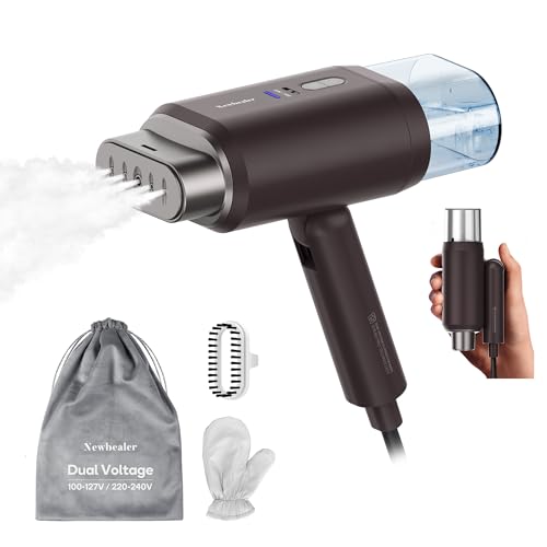 Newbealer Pro Business Travel Steamer, 1200W Dual Voltage, 180ml (Brown) | Foldable & 20s Fast Heat, 360° Anti-Spill Garment Steamer, Solid 1.72 lbs, Auto-Off, for Global Business Trip/Hotel/Office - color: Brown (100-240V)