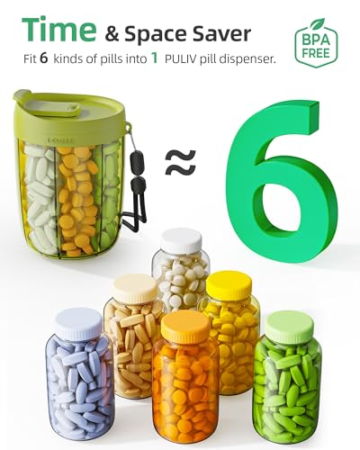 PULIV Large Pill Bottle Organizer, Supplement Organizer for Holding 6 Various Vitamins, Pill Box Case with Anti-Mixing & Wide Opening Design, Easy to Retrieve Meds and 20 Pcs Stick-on Labels, Green - color: Green