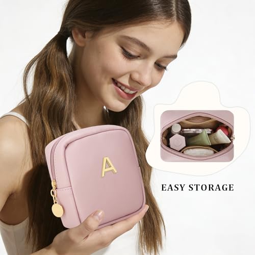 Personalized Birthday Gifts for Women - Initial Makeup Bag Set Travel Toiletry Bag Cosmetic Bags Soft Waterproof PU Leather Makeup Pouch Travel Essentials (A, 1pc Pink) - size: 1pc Pink, style: A