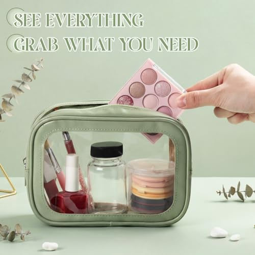 Abbylike 4 Pcs Green Clear Makeup Bag PU Leather Tsa Approved Toiletry Bag with Zipper Transparent Waterproof Portable Cosmetic Bags Travel Car Clear Organizer Bags for Women Girls Mother's Day - color: Green