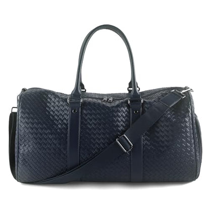 Weekender Bags for Women Woven Leather Travel Duffle Bag with Shoe Compartment, Carry On Garment Bag for Men Women, Large Capacity Water-resistant Gym Tote (Dark Blue) - color: Dark Blue