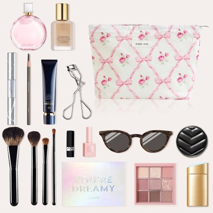 Wudygirl Makeup Bag Cosmetic Bag for Women Pink Pow Makeup Pouch Cute Makeup Organizer Portable Handbag Toiletry Bag Large Capacity Zipper Pouch (Pink Pow) - color: Pink Bow