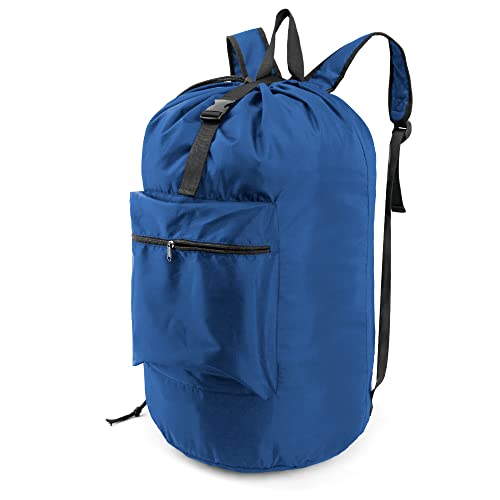 BeeGreen Laundry-Bag-Backpack-Heavy-Duty, Royal Blue Nylon Drawstring Portable Laundry Backpack Tall Foldable Extra Large Dirty Clothes Travel Bag with Handle College Dorm Apartment Essentials - color: Royal Blue, style: With Front Zipper Pocket