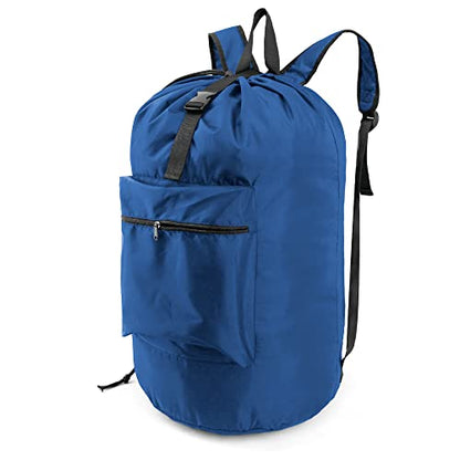 BeeGreen Laundry-Bag-Backpack-Heavy-Duty, Royal Blue Nylon Drawstring Portable Laundry Backpack Tall Foldable Extra Large Dirty Clothes Travel Bag with Handle College Dorm Apartment Essentials - color: Royal Blue, style: With Front Zipper Pocket