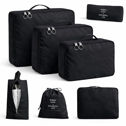 7 Set Packing Cubes For Travel | Luggage Organizer Bags With Shoe, Laundry Bag, Accessory Pouch And Lingerie Bag | Durable And Space Saving Suitcase Organizer For Travel Essentials | Black - color: Black