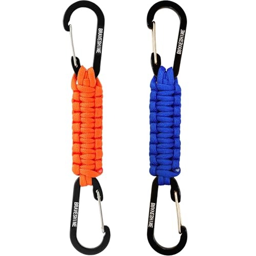 BRAVESHINE Paracord Keychain Carabiner Clip, D Ring Lanyard Hanger Stroller Hook for Water Bottle, Key, Backpacks, Men, Women - color: 1 Orange 1 Blue