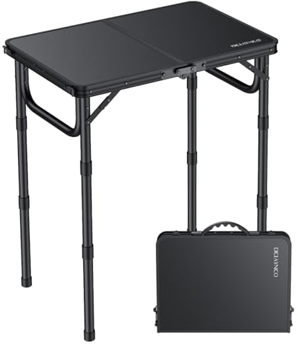 Folding Camping Table, 22" x 15" Picnic Table with 3 Adjustable Height Max 27.5", Matte Black Aluminum Folding Table with Handle for Party, Dining, Garden, Patio, Market - style: 2-Fold MDF Tabletop