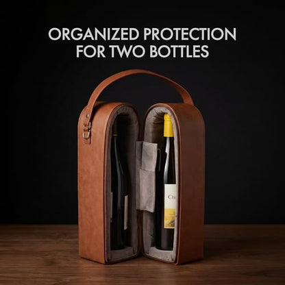 Bey-Berk Vino Brown Leather Double Wine Caddy, Two-Bottle Travel Case with Zipper Closure and Corkscrew Bar Tool - color: Brown