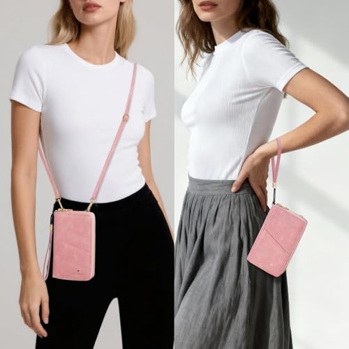 GOIACII Passport Wallet Travel Crossbody Bags for Women Wristlet Phone Purse Double Zip Vegan Leather Pink - color: A04 Pink