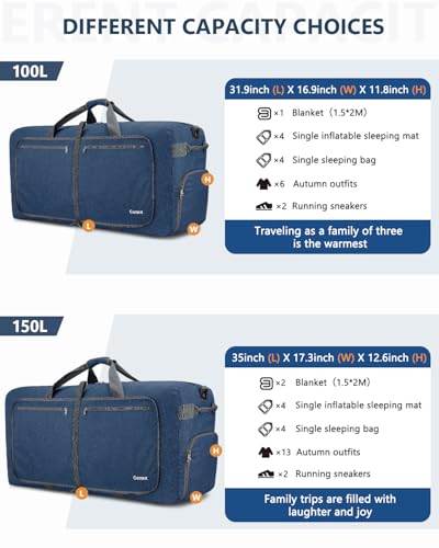 Gonex Large Foldable Travel Duffle Bag with Shoes Compartment, Packable Lightweight Water Repellent Duffel Bag for Camping Gym Weekender Bag - color: Dark Blue, size: 60L