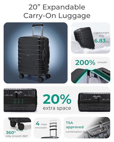 BAGSMART Carry On Luggage 22x14x9 Airline Approved with Spinner Wheels,Lightweight 20 Inch Luggage with TSA Lock,Expandable Hard Shell Carry On Suitcases for Men Women,Black - color: Black