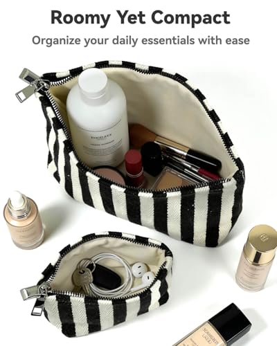 Travel Makeup Bag Set of 2, Preppy Striped Makeup Pouches for Purse, Jacquard Cosmetic Bags with Smooth Zipper Soft Lining, for Cosmetic Car Organizer, Daily, Gifts, Portable Large & Small Toiletrys - style: Striped Black Canvas