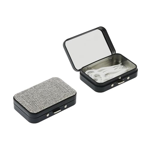 2Pack Bling Dental Floss Cases with Mirror, Portable & Refillable Floss Pick Holders, Gum Container Metal Tin Box Case for Q-tip,Cotton Swab (Bling Black) - color: Bling Black