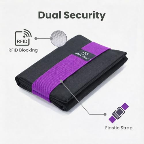 LIGHT FOLD Ultra Slim Tri-Fold Wallet with RFID Blocking, Lightweight Minimalist Men’s Wallet with Elastic Band, Waterproof Durable Nylon Fabric, Slim Front Pocket Card Holder Fits 12 Cards & Cash - color: Purple