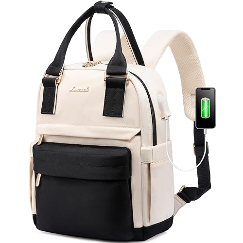 LOVEVOOK Mini Backpack for Women Stylish Waterproof Backpack Purse with USB Port, Cute Bookbag for College School Travel - color: Black & Beige, size: 13.3 Inch