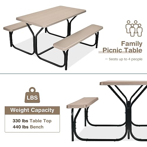 COSTWAY Outdoor Picnic Table, HDPE Plastic Picnic Table Bench Set with Weather Resistant Tabletop & Wood Texture, Ideal for Patio, Backyard (59" D x 54" W x 28.5" H,Brown) - color: Brown