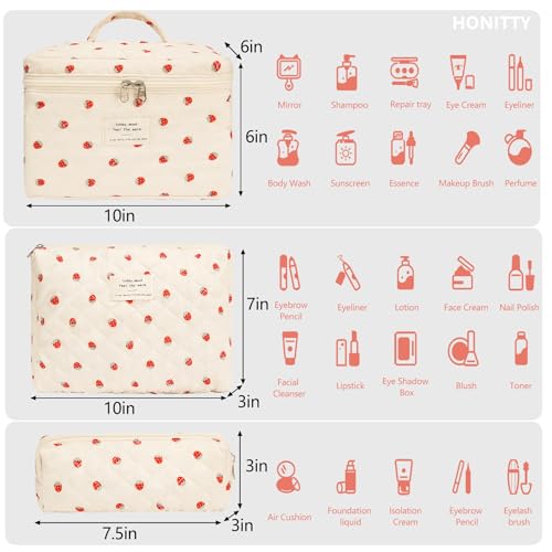 honitty Makeup Bag,Quilted Cosmetic Bags,Large Floral Make Up Organize bag,Makeup Bag Set for Women,Flower Travel Toiletry Bag - color: Strawberries