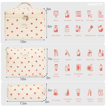 honitty Makeup Bag,Quilted Cosmetic Bags,Large Floral Make Up Organize bag,Makeup Bag Set for Women,Flower Travel Toiletry Bag - color: Strawberries