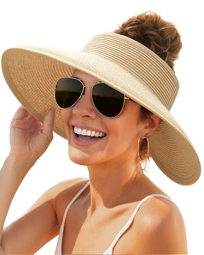 FURTALK Sun Hats for Women Wide Brim Beach Hat Straw Visor Ponytail Summer UV Packable Foldable Beach Vacation Essentials - color: Beige Khaki Mix