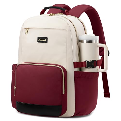 LOVEVOOK Laptop Backpack for Women with Pouch Pocket for Large Capacity Cup,17 Inch Teacher Nurse College Work Backpack Purse,Waterproof Laptop Bag Computer Back Pack for Travel, Beige-Red-Black - color: Beige - Dark Red - Black, size: 17 Inch